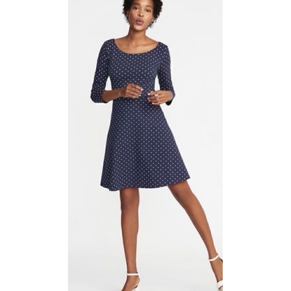 (CL) Old Navy Womens Navy Blue Polka Dot Fit and Flare 3/4 Sleeve Dress Size M